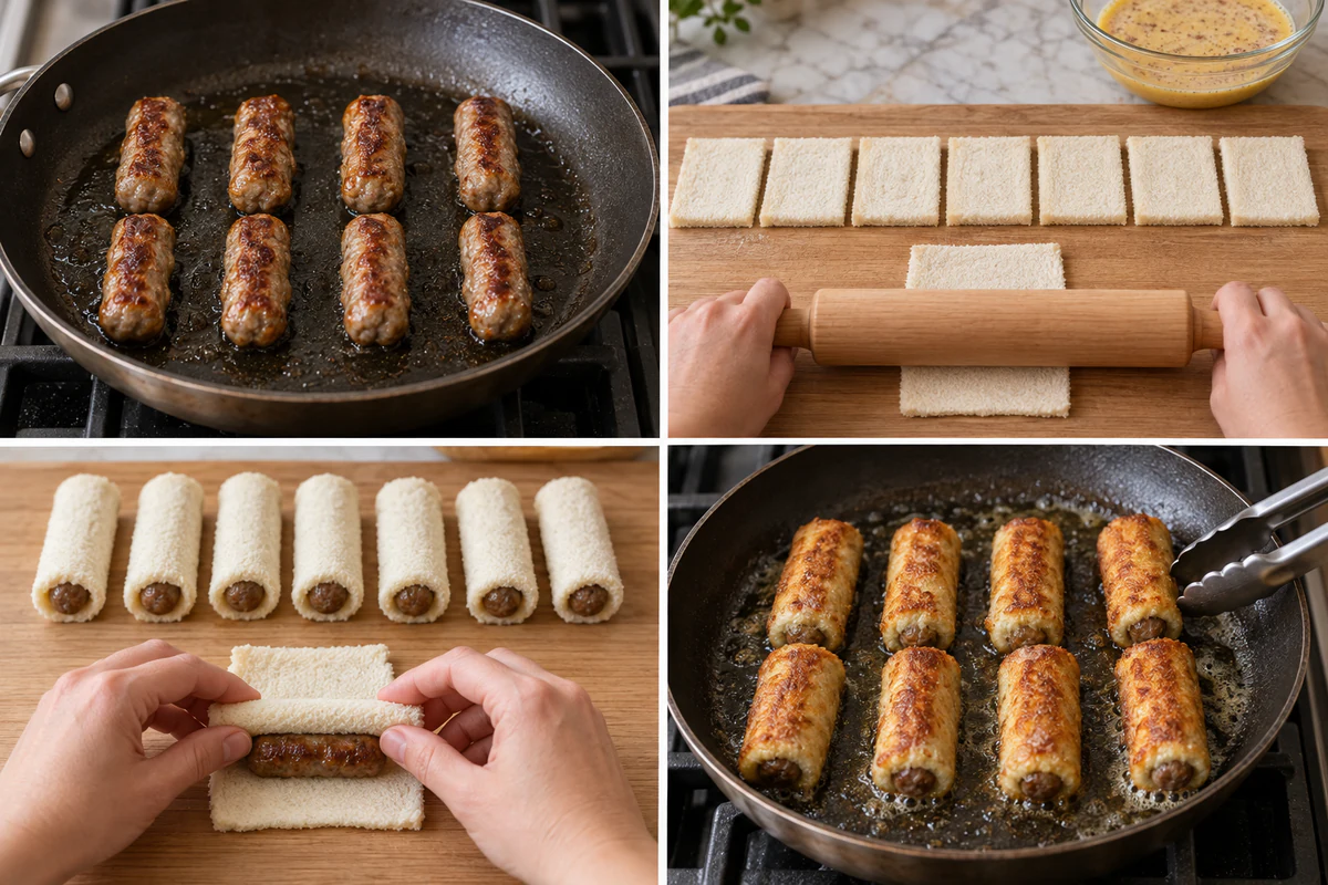 Four stages showing eight sausages, flattened bread and batter, eight rolled pieces, and skillet browning
