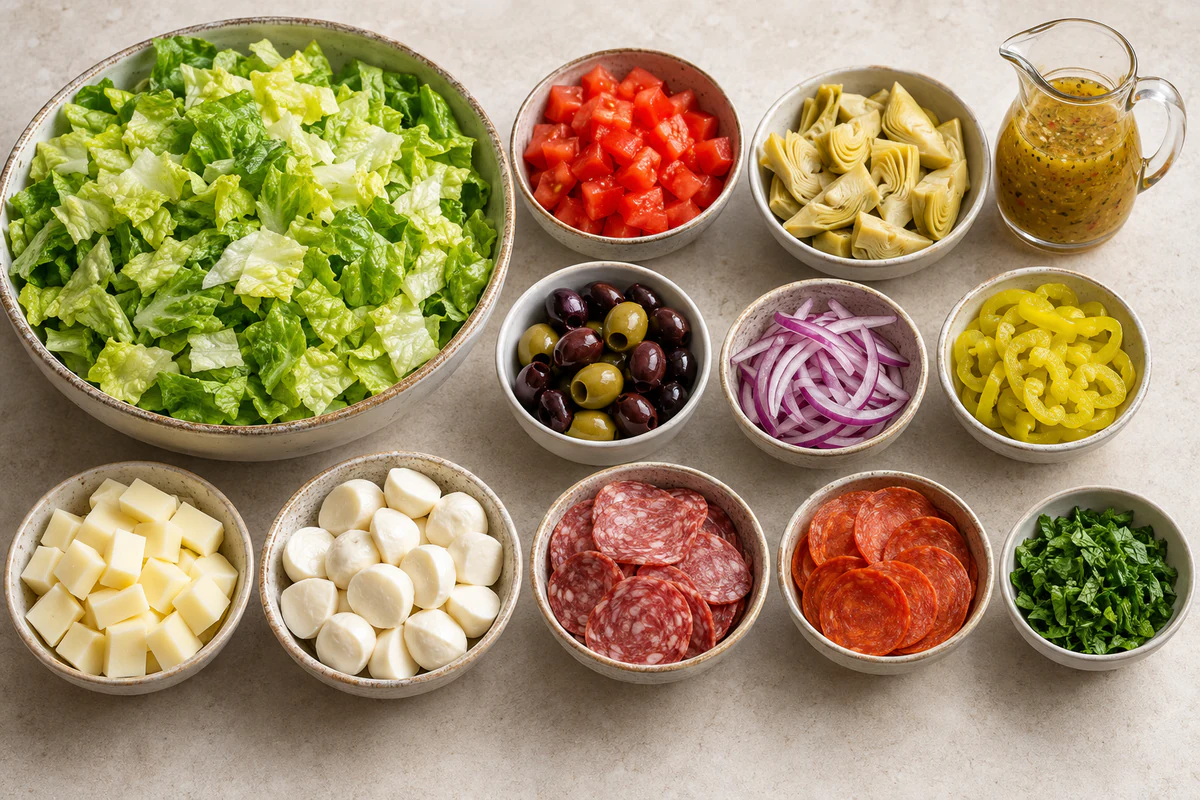 Lettuce, tomatoes, artichokes, olives, onion, pepperoncini, two cheeses, salami, pepperoni, herbs, and Italian dressing