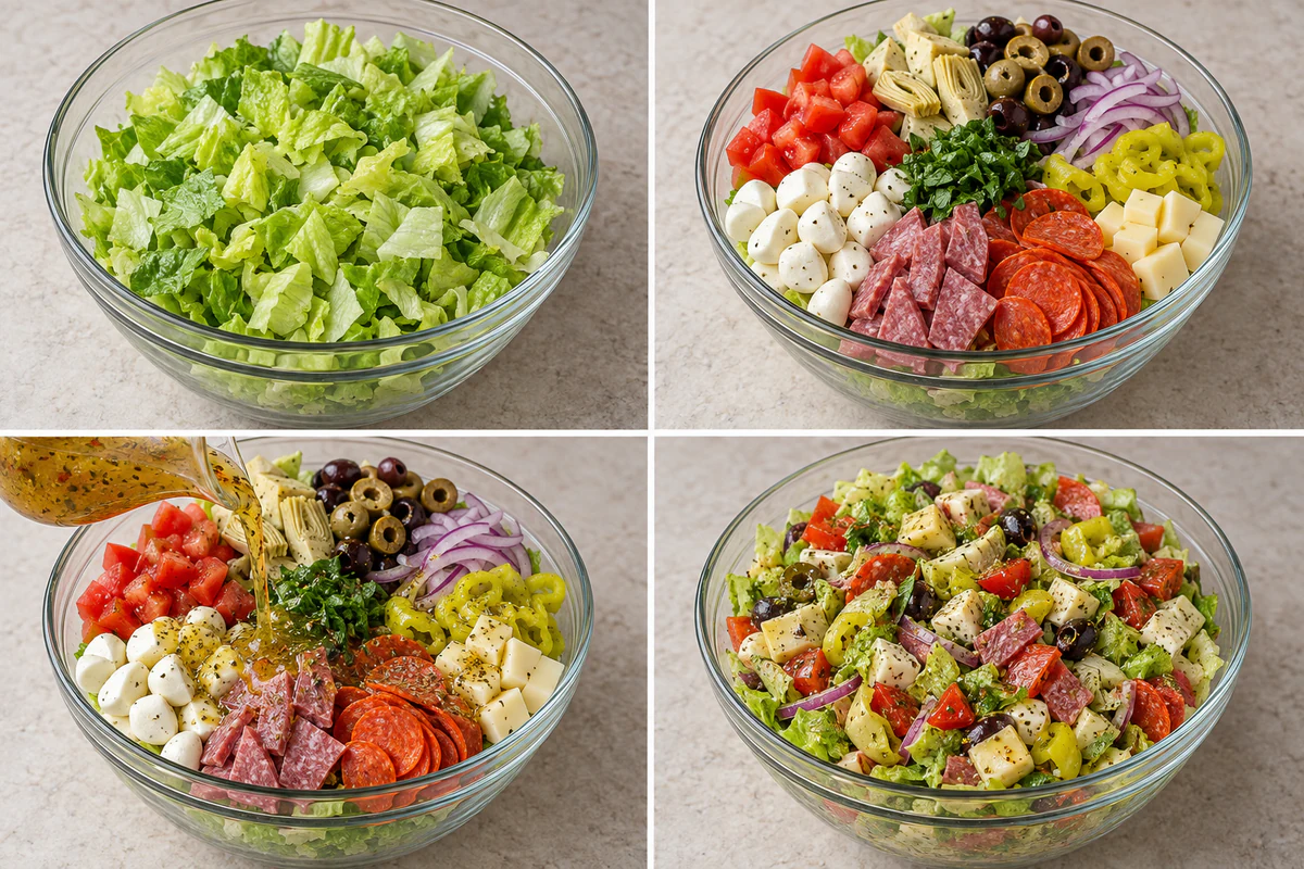 Four stages showing chopped lettuce, layered Italian toppings, dressing being poured, and the tossed salad