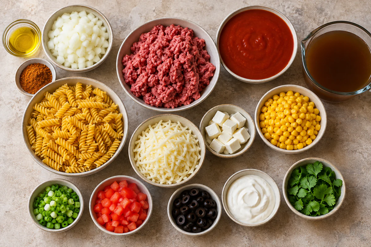 Ground beef, rotini, enchilada sauce, broth, onion, cheese, seasonings, and optional corn and toppings