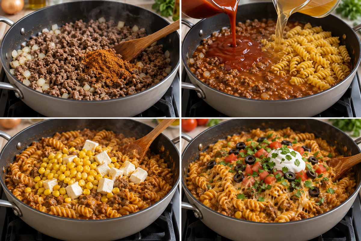 Four stages showing onions and beef, seasoned meat, rotini simmering in enchilada sauce, and melted cheese