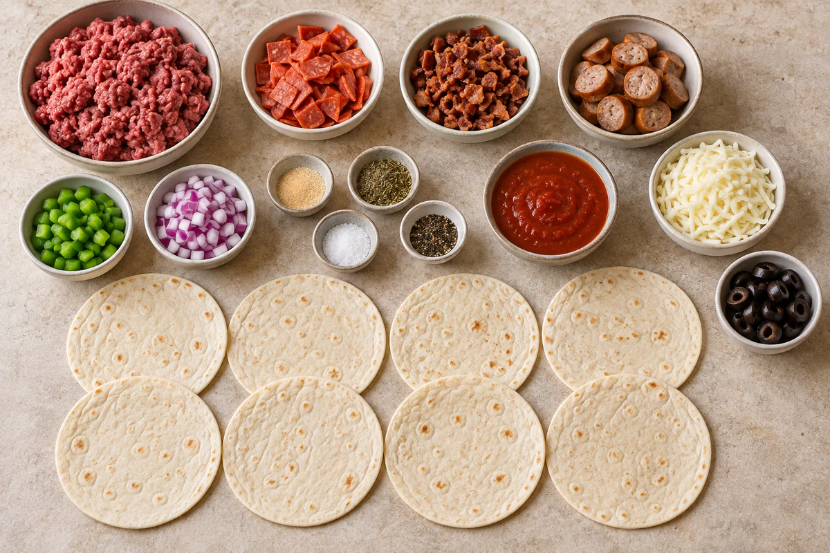 Ground beef, pepperoni, cooked bacon, sausage, vegetables, pizza sauce, mozzarella, olives, seasonings, and eight tortillas