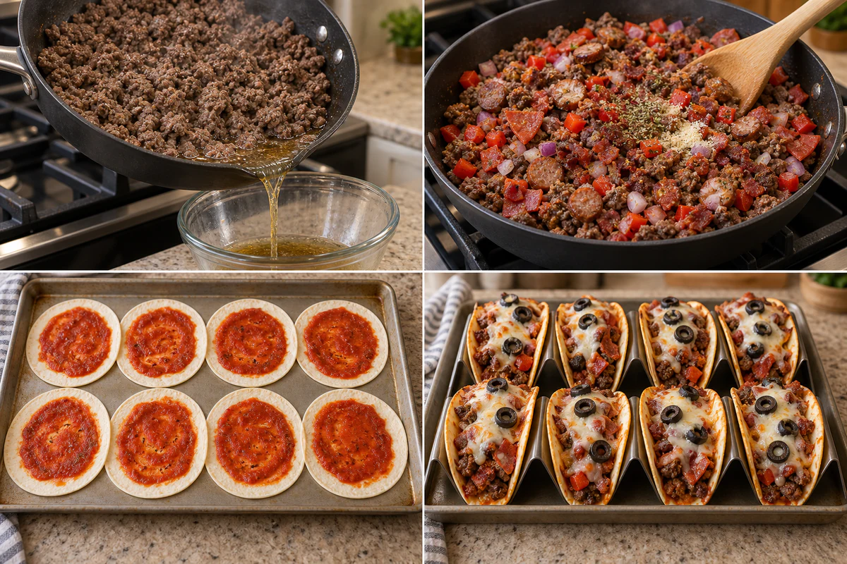 Four stages showing browned beef, mixed pizza meats, eight topped tortillas, and melted mozzarella