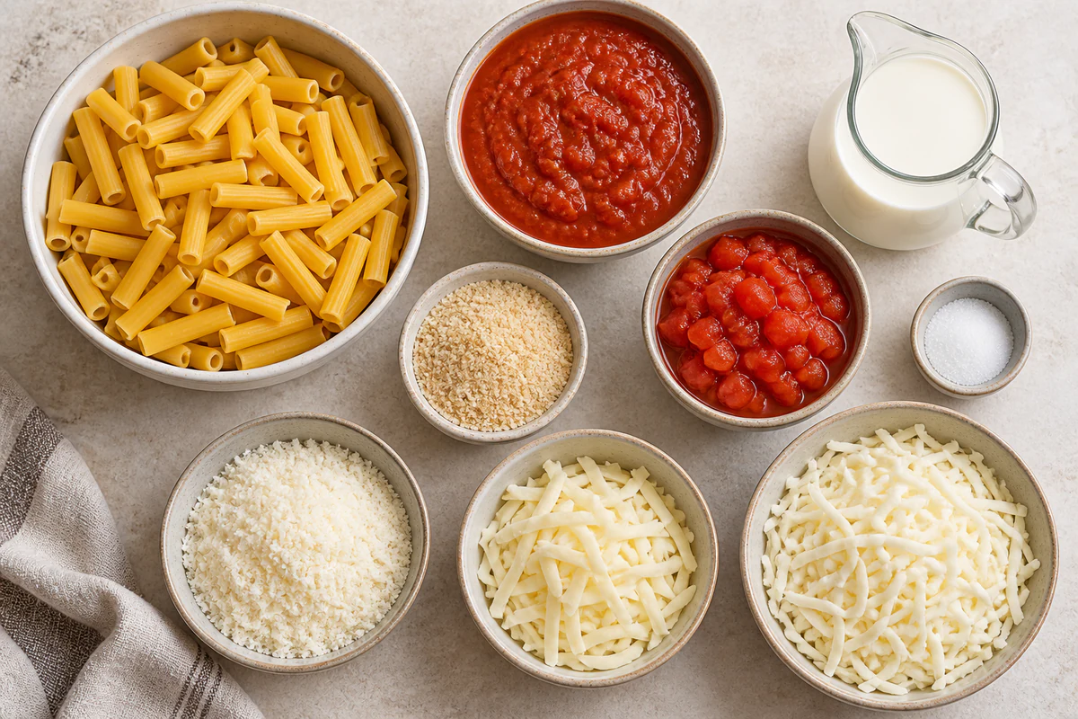 Ziti, marinara, cream, tomatoes, sugar, breadcrumbs, mozzarella, fontina, and Parmesan Romano Asiago blend