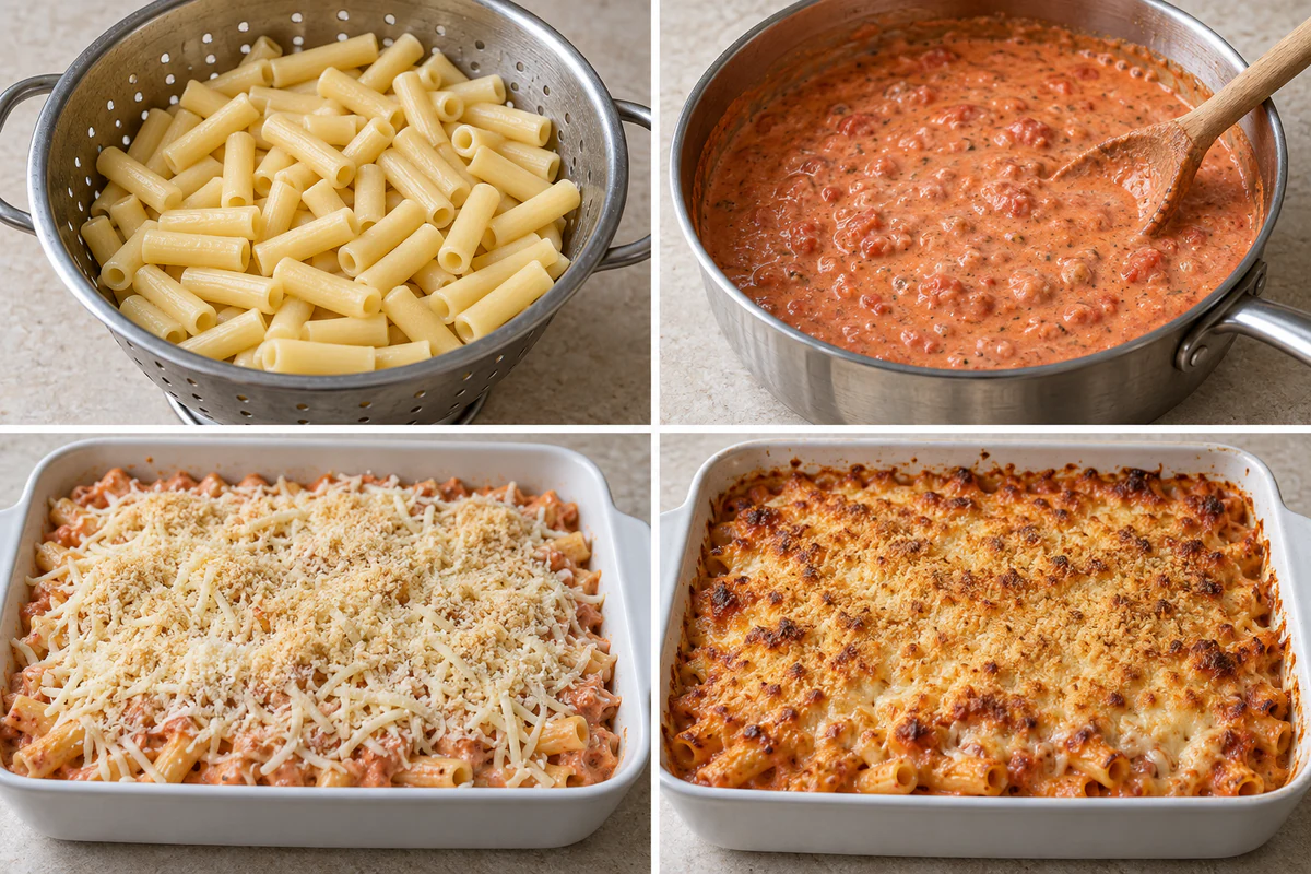 Four stages showing drained ziti, creamy tomato cheese sauce, topped pasta, and a golden broiled casserole