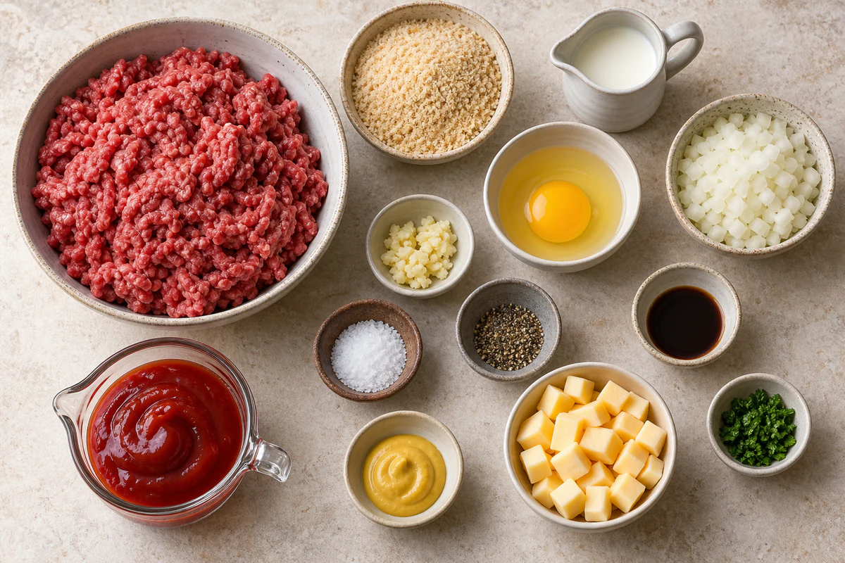 Ground beef, breadcrumbs, milk, egg, onion, garlic, seasonings, ketchup, mustard, and cheese cubes