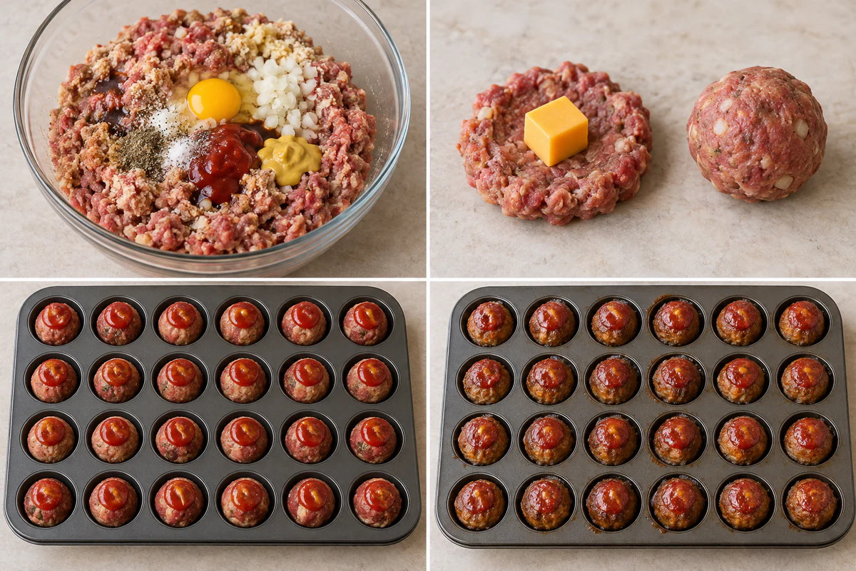 Four stages showing meatloaf mixture, cheese stuffing, twenty-four glazed portions, and baked bites