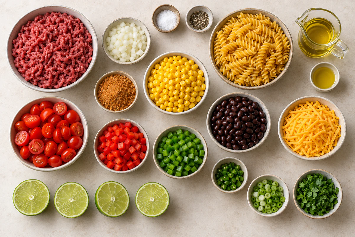 Ground beef, rotini, lime dressing ingredients, corn, beans, cheddar, tomatoes, peppers, jalapeño, and onions