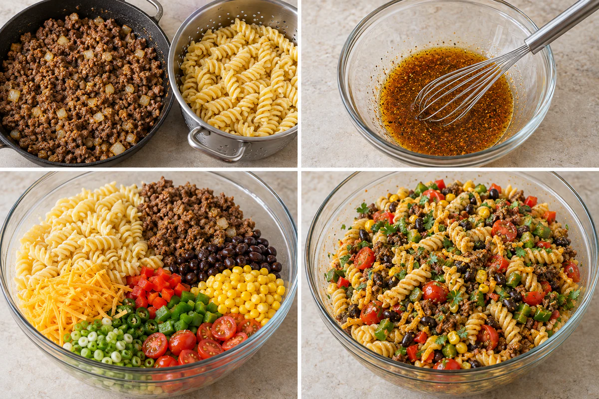 Four stages showing beef and rotini cooking, lime dressing, layered salad ingredients, and chilled pasta salad