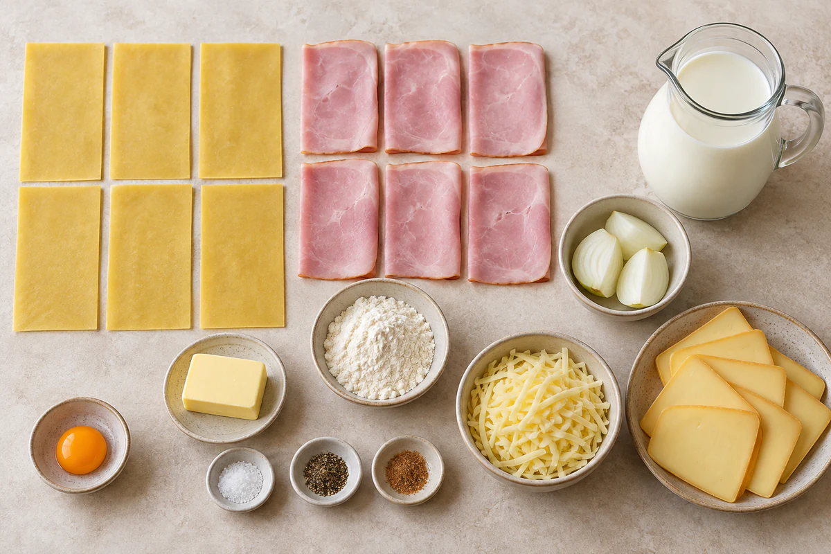 Six fresh lasagna sheets, six ham slices, Mornay ingredients, Emmental, and raclette cheese