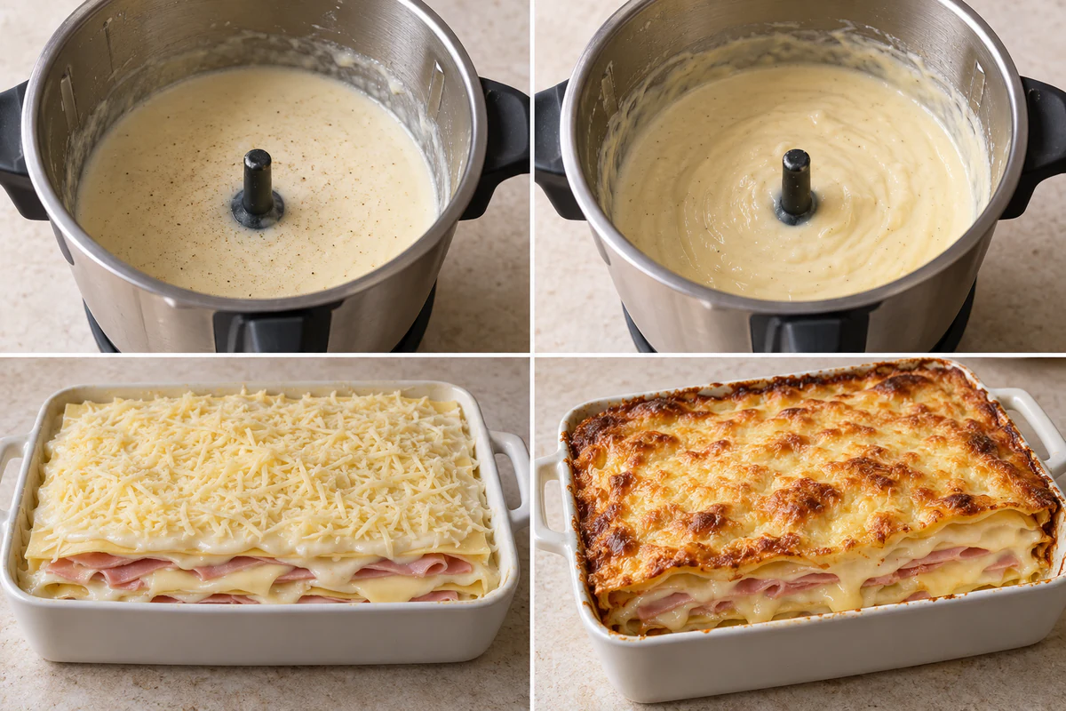 Four stages showing Mornay sauce in a mixer, melted Emmental, layered ham lasagna, and the golden baked dish
