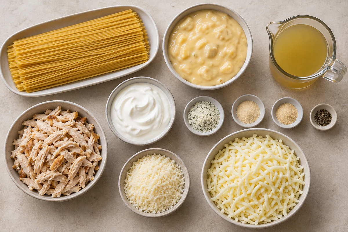 Spaghetti, condensed chicken soup, sour cream, broth, ranch seasoning, chicken, Parmesan, and mozzarella