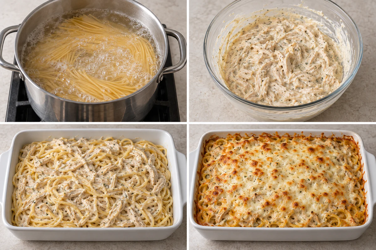Four stages showing spaghetti cooking, creamy ranch chicken sauce, casserole assembly, and bubbly baked cheese