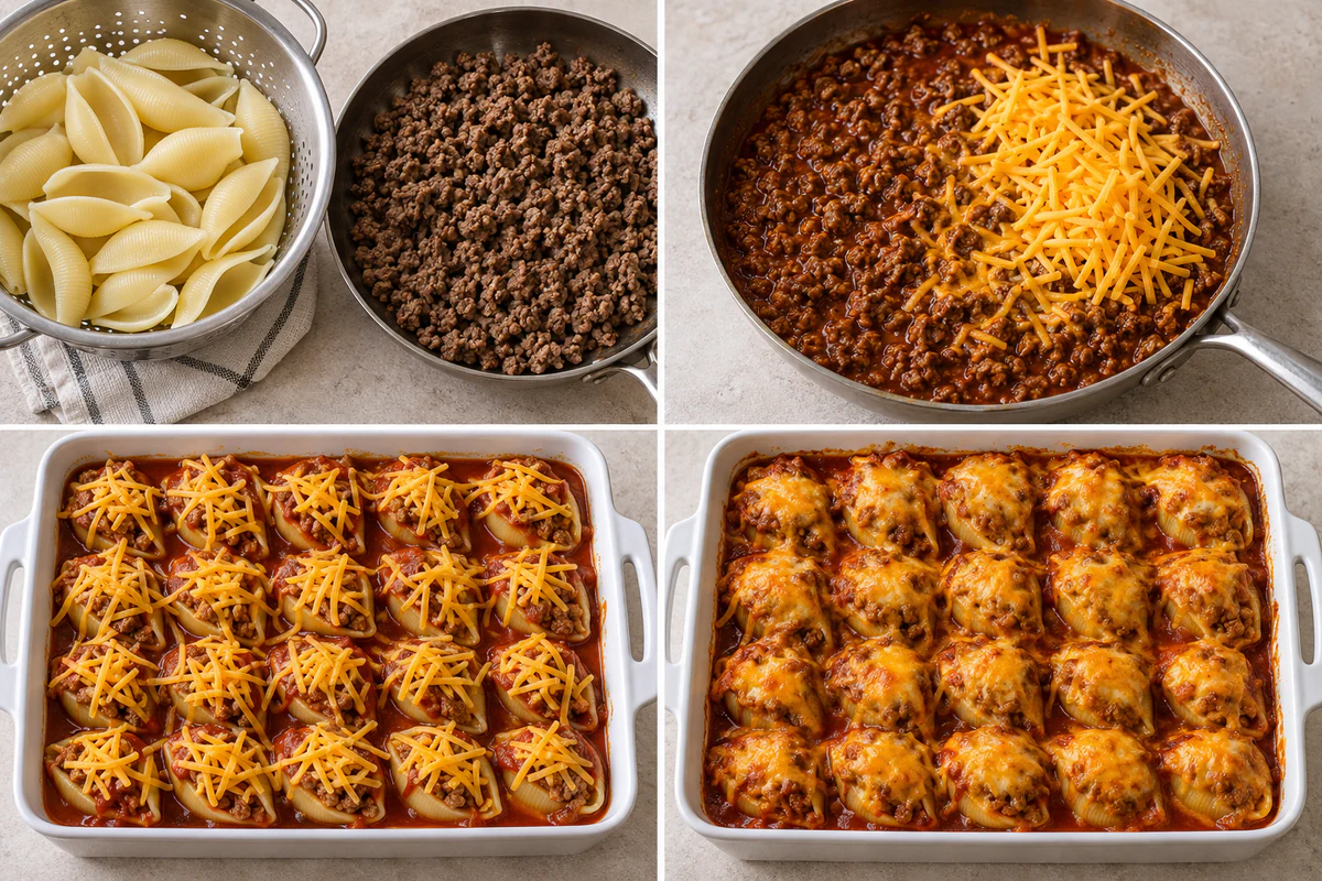 Four stages showing cooked shells and beef, taco filling, twenty stuffed shells, and the baked casserole
