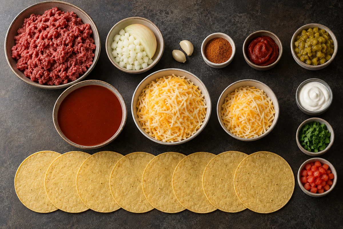 Measured ground beef, eight corn tortillas, red enchilada sauce, green chiles, onion, garlic, seasoning, tomato paste, and divided cheese