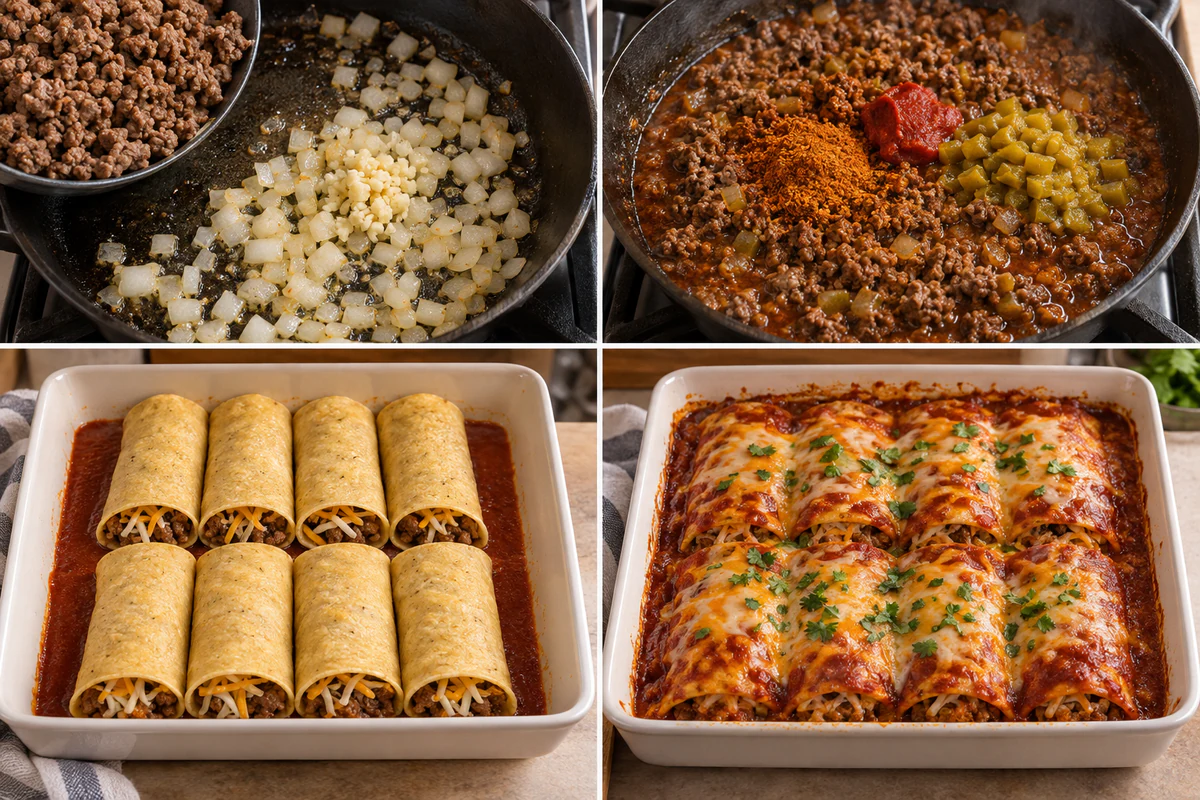 Four stages showing browned beef, seasoned filling, eight rolled enchiladas, and the sauce-and-cheese-topped baked dish