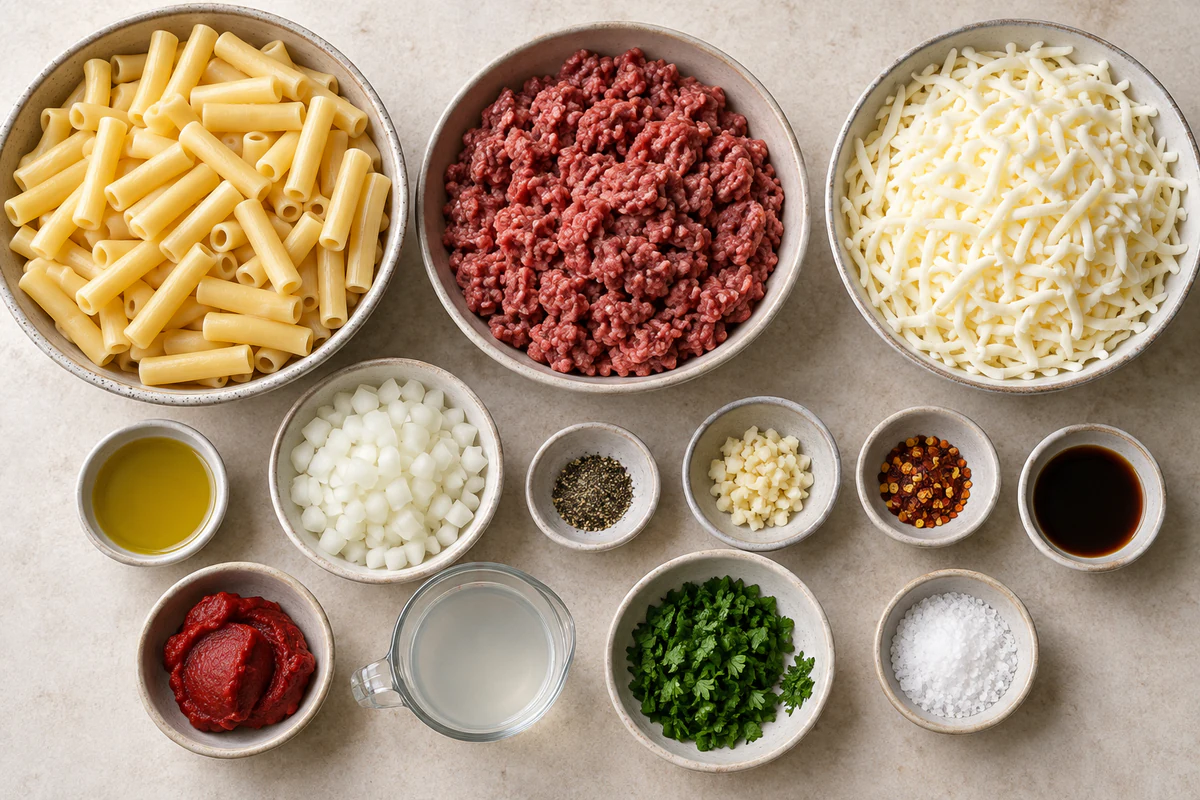 Measured ziti, ground beef, mozzarella, onion, garlic, tomato paste, Worcestershire, parsley, and seasonings
