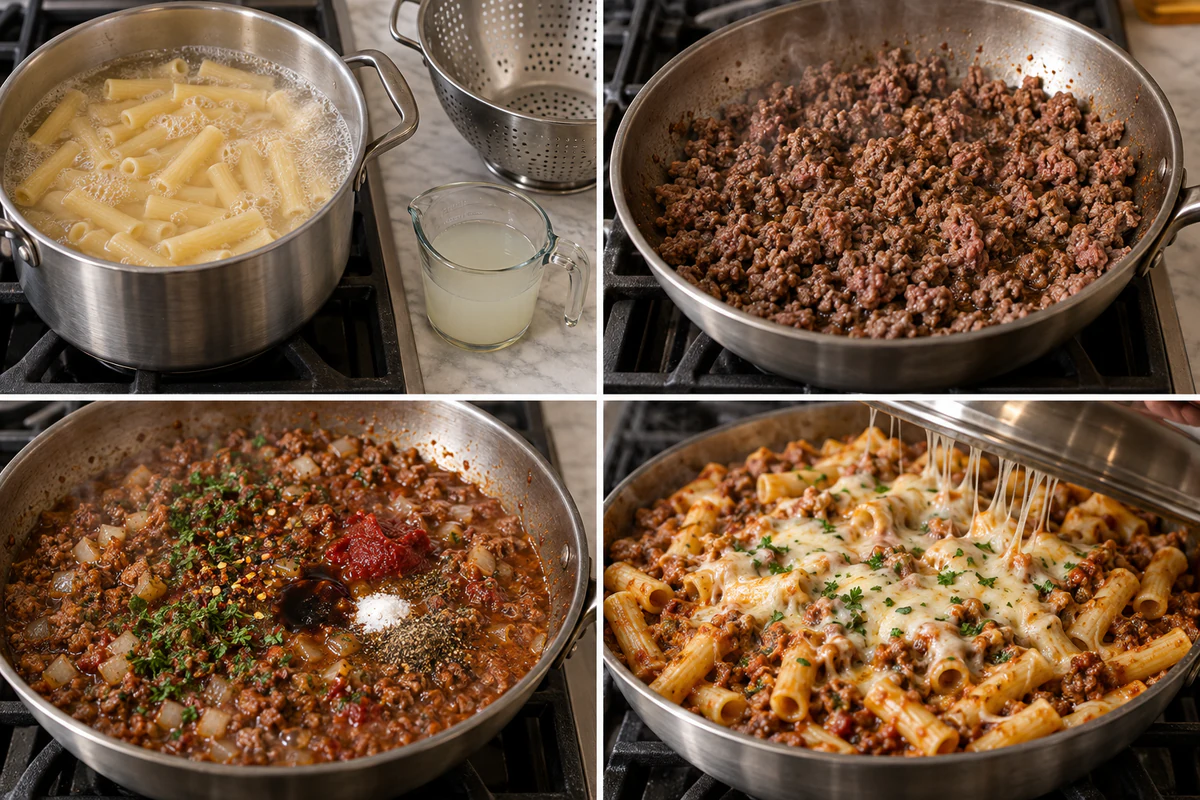 Four stages showing al dente ziti, browned beef, the simmered sauce, and mozzarella melted over the finished skillet