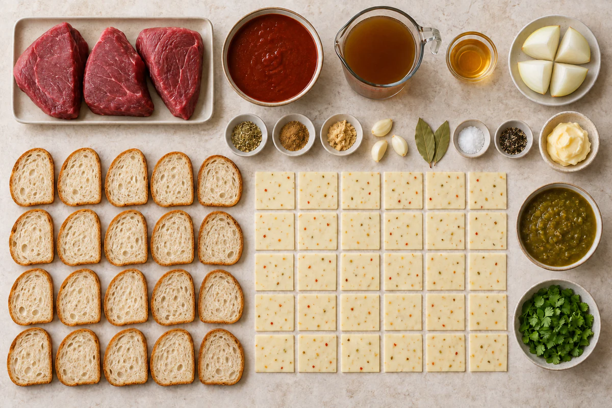 Measured beef birria and grilled cheese ingredients including twenty sourdough slices and thirty pepper jack slices