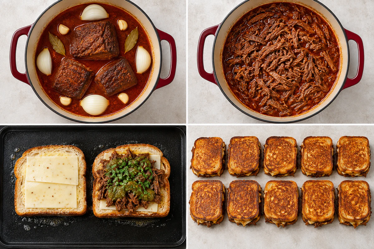 Four stages showing the beef braise, shredding, cheese-topped sourdough, and ten finished birria grilled cheese sandwiches