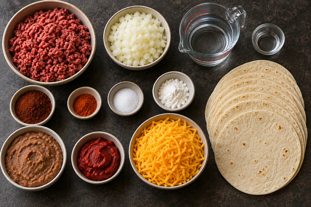 Measured ground beef, onion, spices, water, cornstarch, refried beans, tomato paste, cheddar, and ten flour tortillas