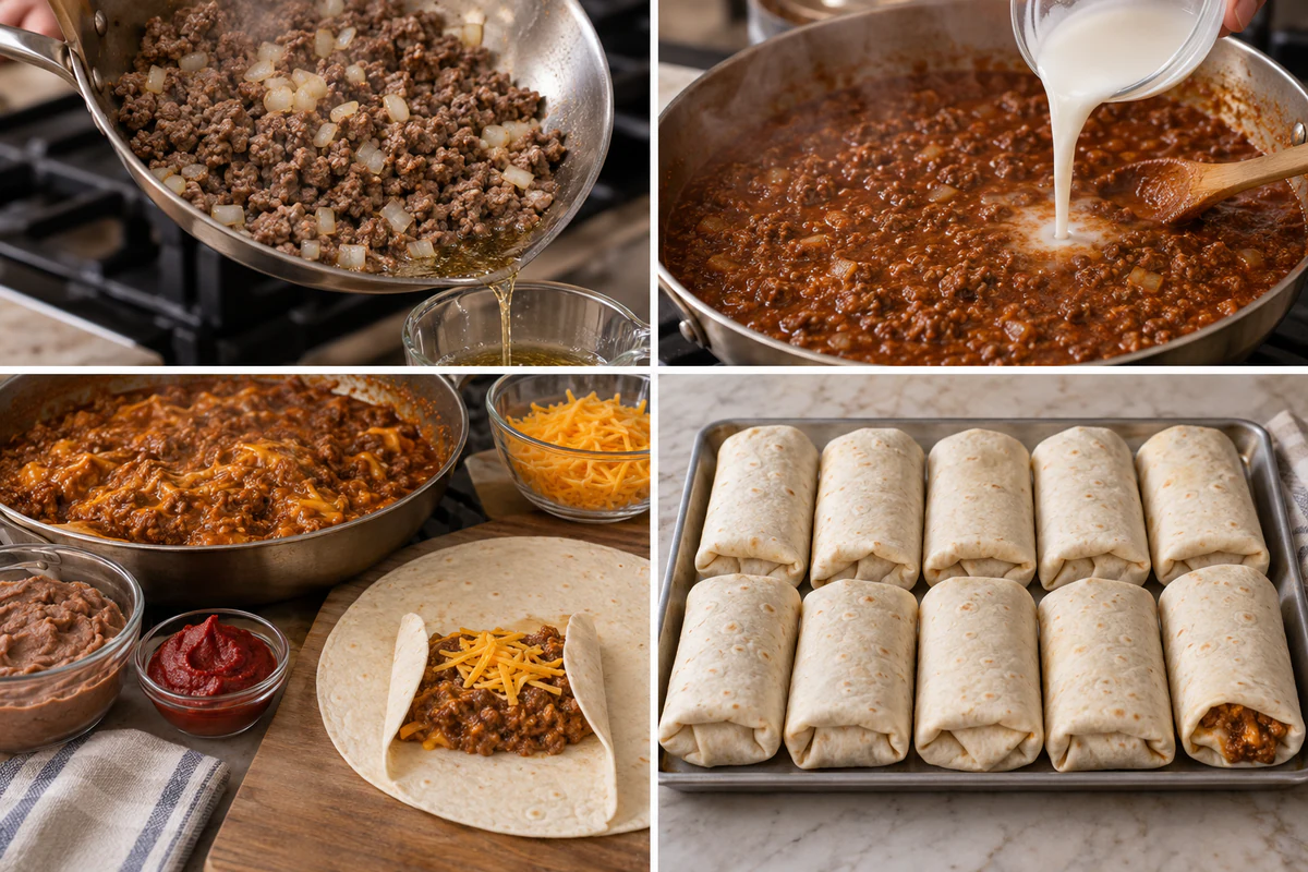 Four stages showing browned beef and onion, thickened chili, a filled flour tortilla, and ten rolled burritos