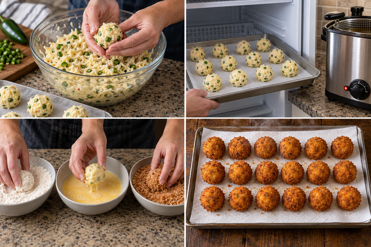 Four stages showing pepper jack balls, freezing, three-step breading, and eighteen fried rattlesnake bites