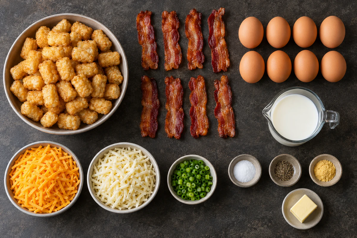 Frozen tater tots, eight bacon strips, eight eggs, milk, two cheeses, seasonings, green onions, and butter
