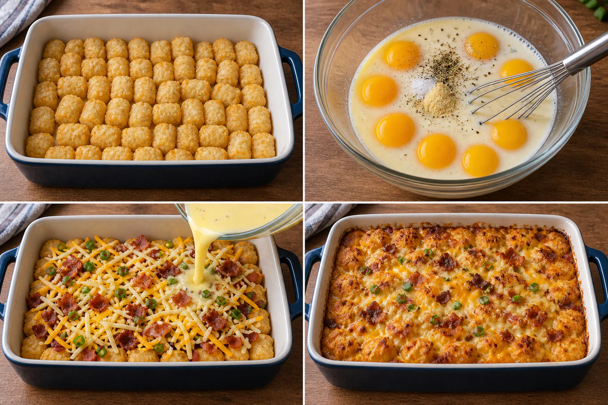 Four stages showing a tater tot layer, eight-egg mixture, bacon and cheese assembly, and the golden baked casserole