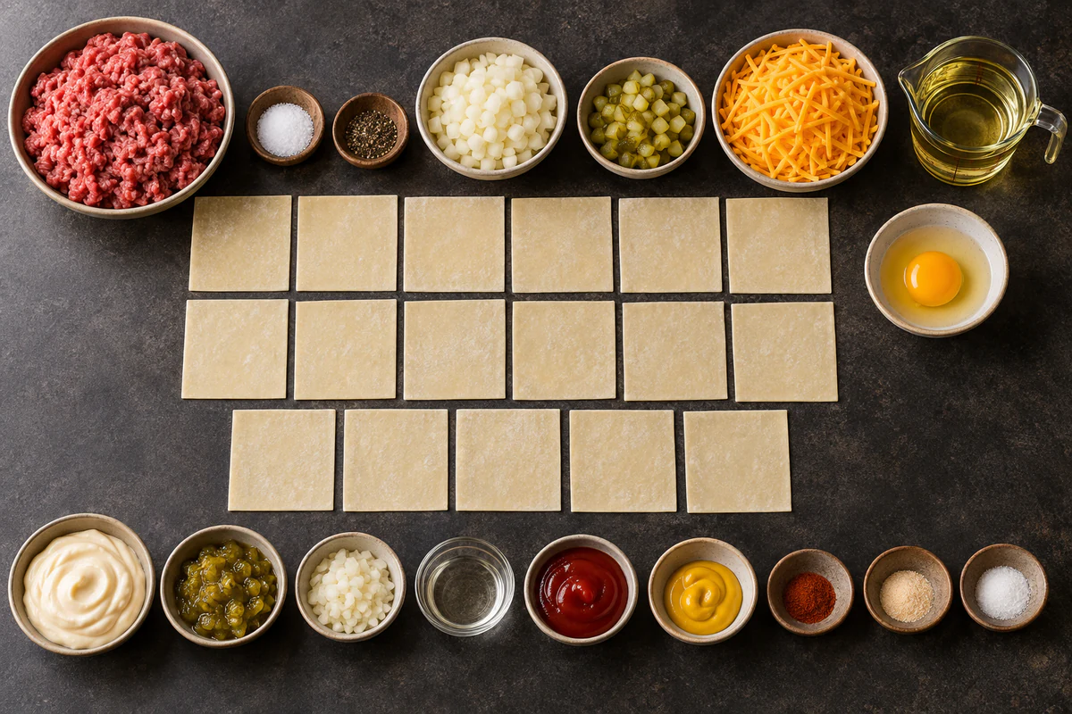 Seventeen wrappers, ground beef, onion, pickles, cheddar, egg wash, frying oil, and Big Mac sauce ingredients