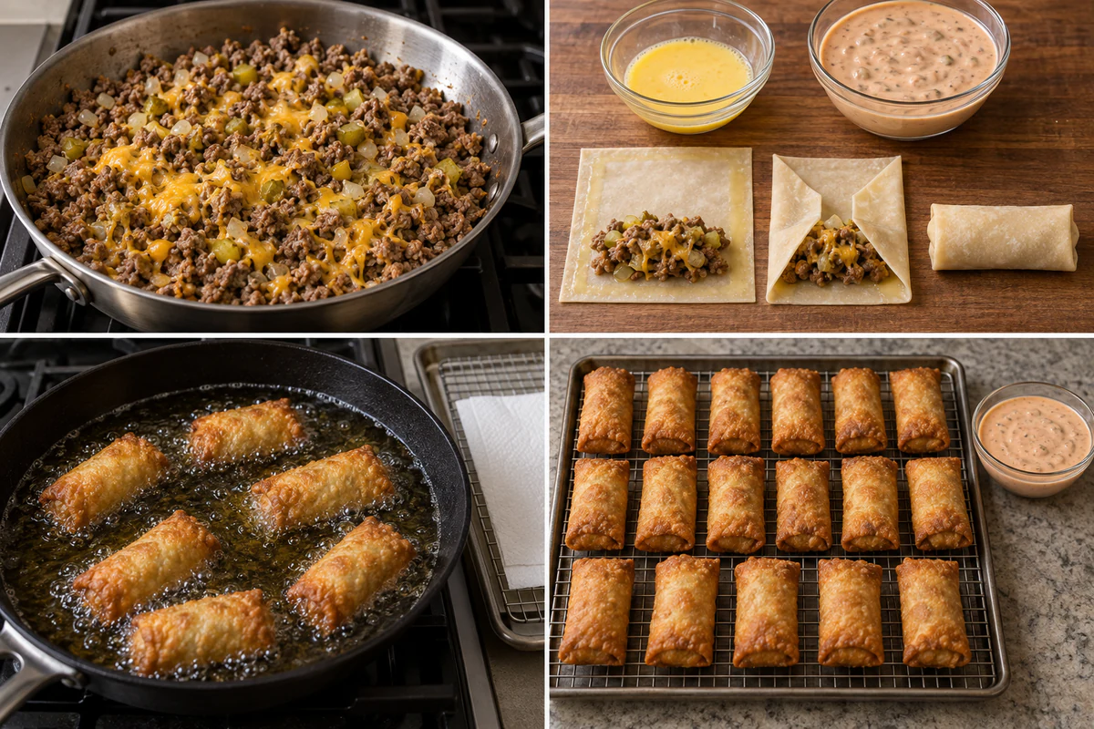 Four stages showing cheeseburger filling, wrapper folding, six rolls frying, and seventeen finished egg rolls with sauce