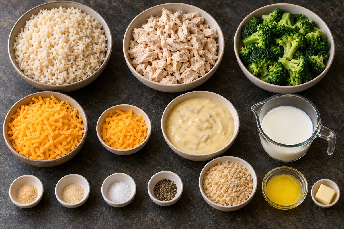 Cooked rice, cooked chicken, broccoli, cheddar, cream of chicken soup, milk, seasonings, breadcrumbs, and butter