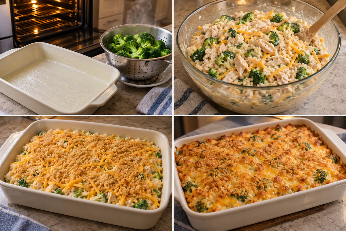 Four stages showing drained broccoli, the creamy chicken-rice mixture, cheddar and breadcrumb topping, and the golden casserole