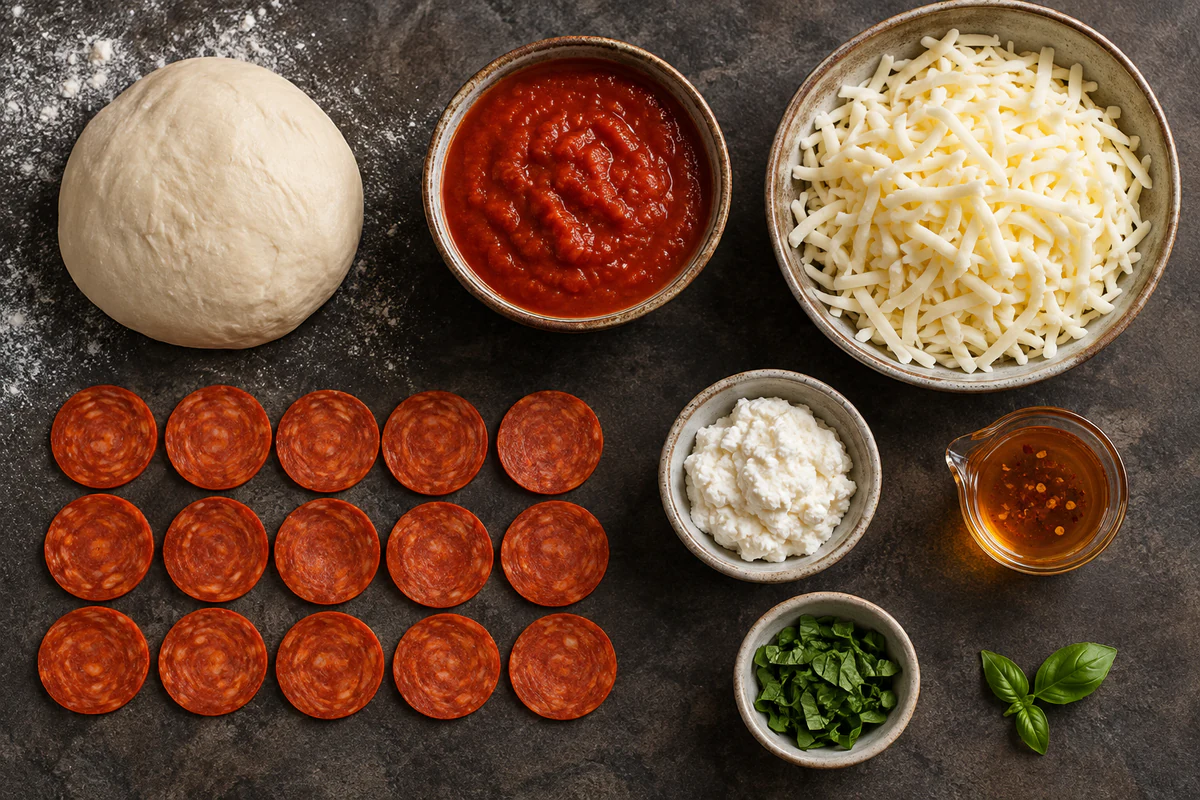 Pizza dough, marinara, mozzarella, fifteen pepperoni slices, ricotta, basil, and hot honey