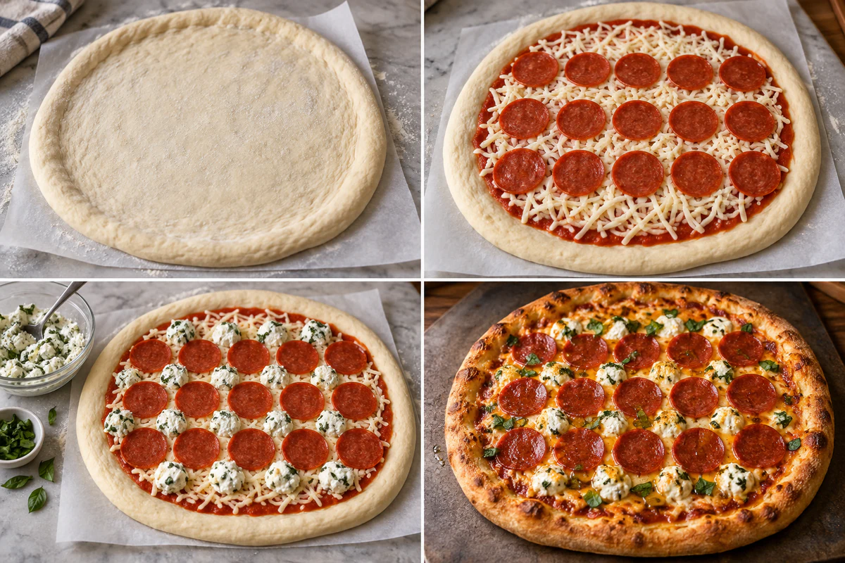 Four stages showing stretched dough, fifteen pepperoni slices, basil ricotta dollops, and the hot-honey-finished pizza