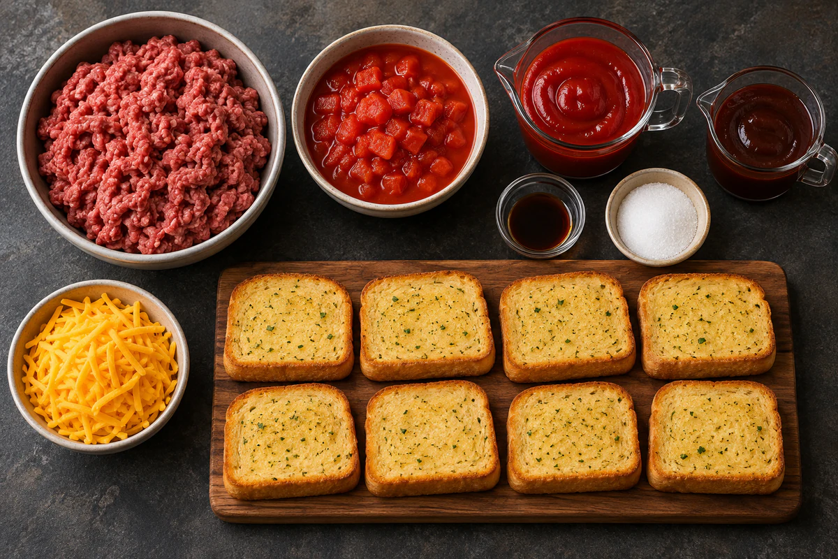 Ground beef, diced tomatoes, ketchup, barbecue sauce, Worcestershire, sugar, eight garlic Texas toast slices, and cheddar