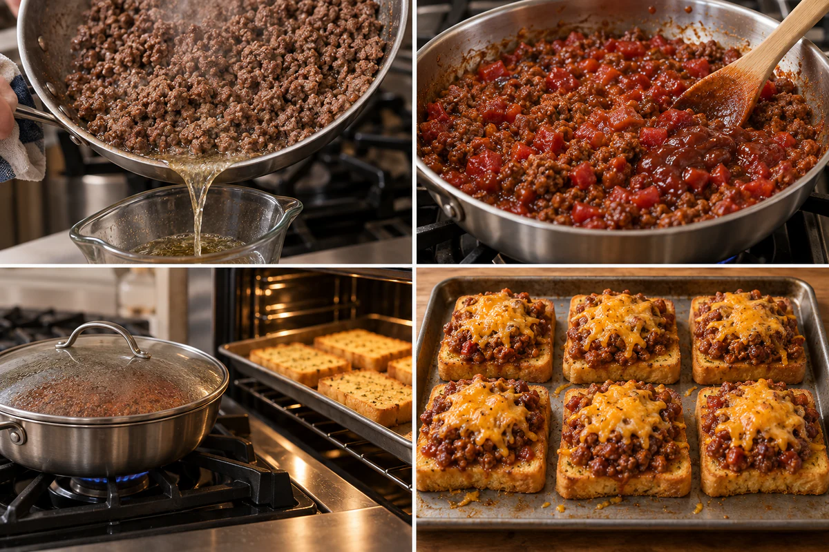 Four stages showing drained browned beef, the tomato barbecue filling, garlic toast baking, and six finished open-faced sloppy joes