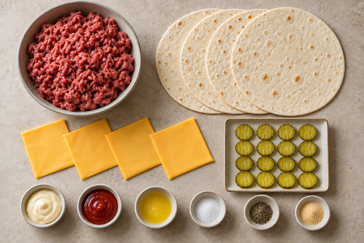 Ground beef, four tortillas, four cheese slices, sixteen pickles, mayonnaise, ketchup, butter, and seasonings