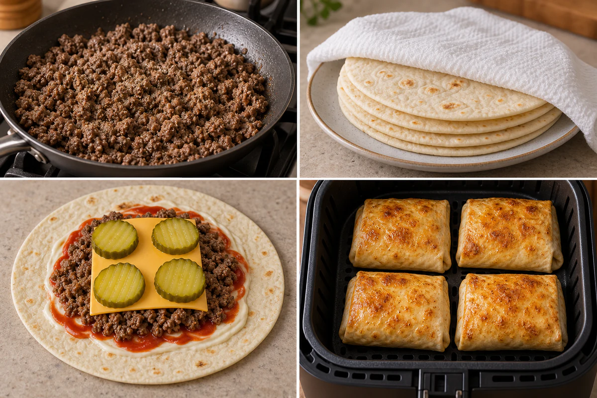 Four stages showing seasoned beef, warmed tortillas, exact pickle-and-cheese assembly, and four golden air-fried wraps