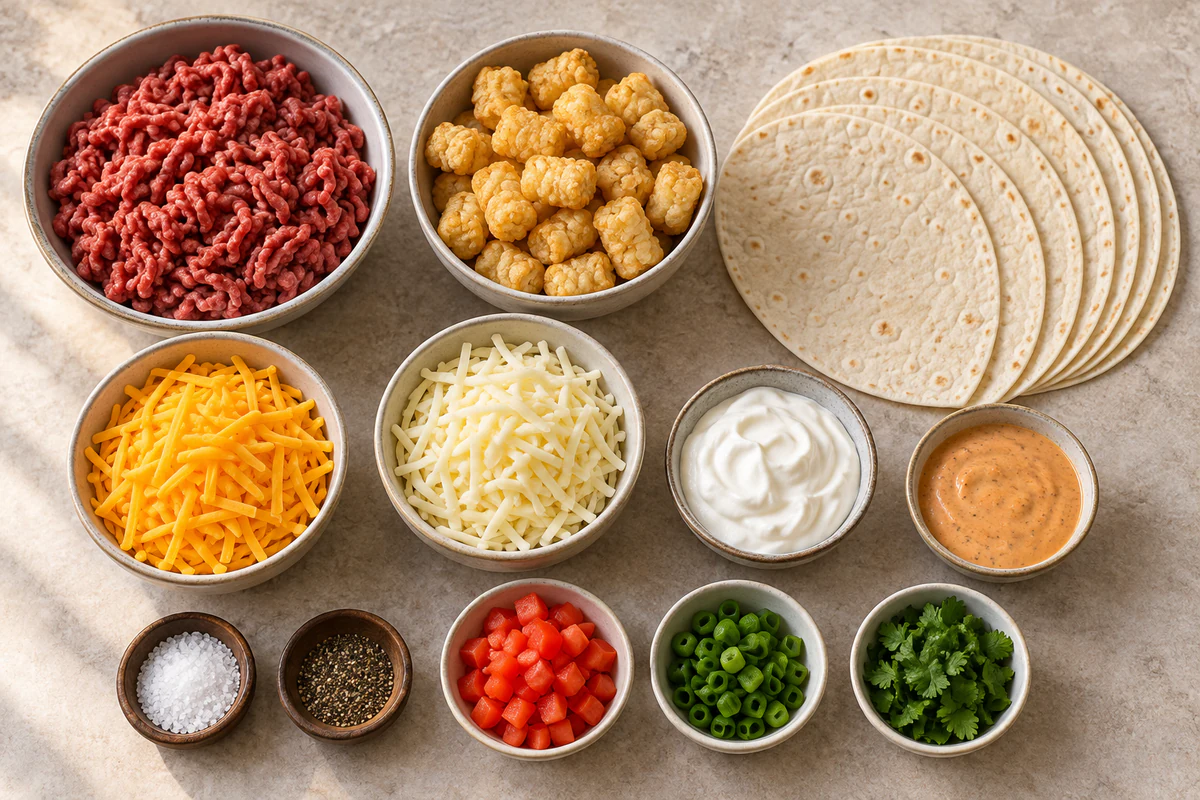Ground beef, tater tots, six tortillas, cheddar, Monterey Jack, sour cream, chipotle sauce, and optional garnishes
