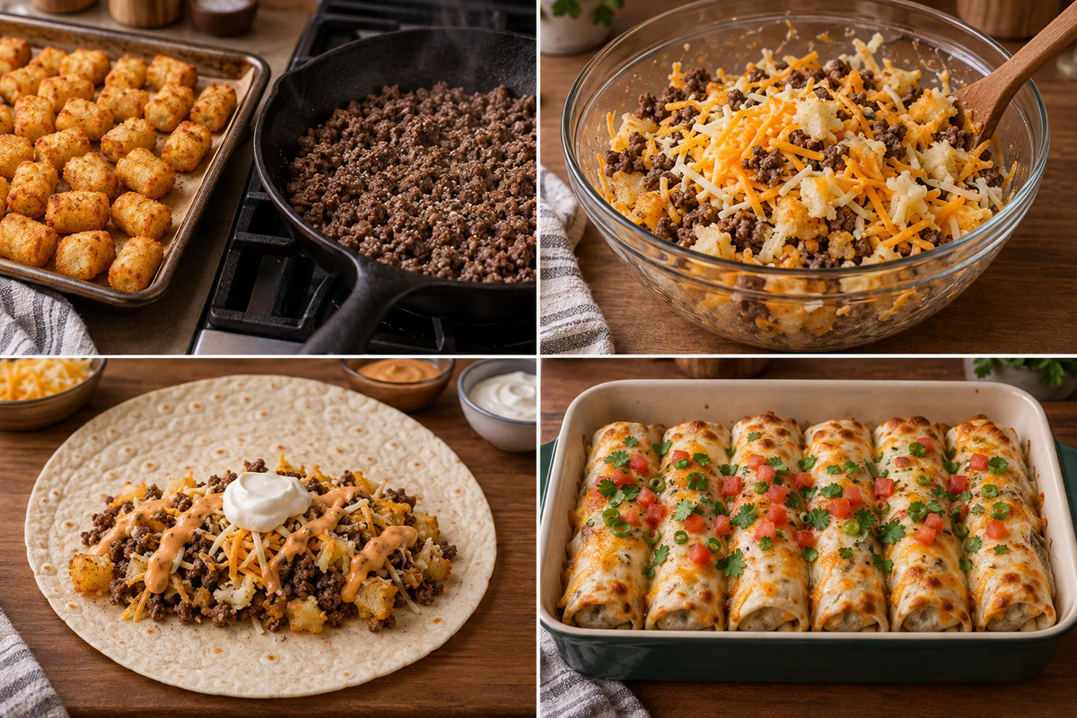 Four stages showing crisp tots and beef, mixed filling, tortilla assembly, and six baked burritos