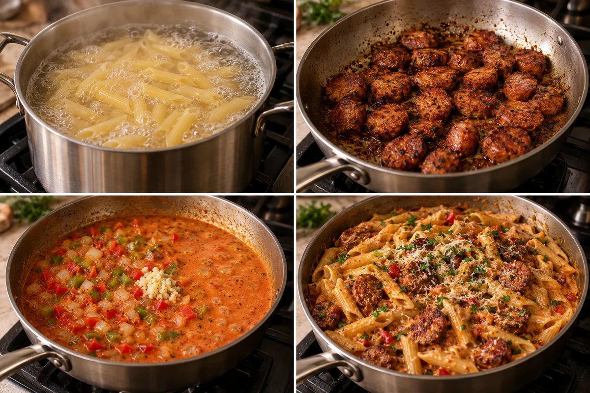 Four stages showing pasta boiling, sausage browning, vegetables and sauce simmering, and the combined Cajun pasta