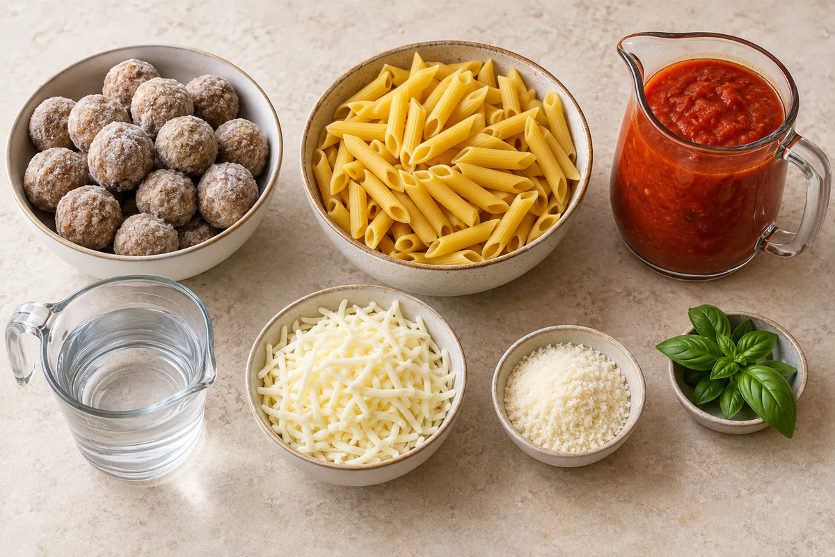 Frozen meatballs, dry penne, pasta sauce, water, mozzarella, Parmesan, and herbs