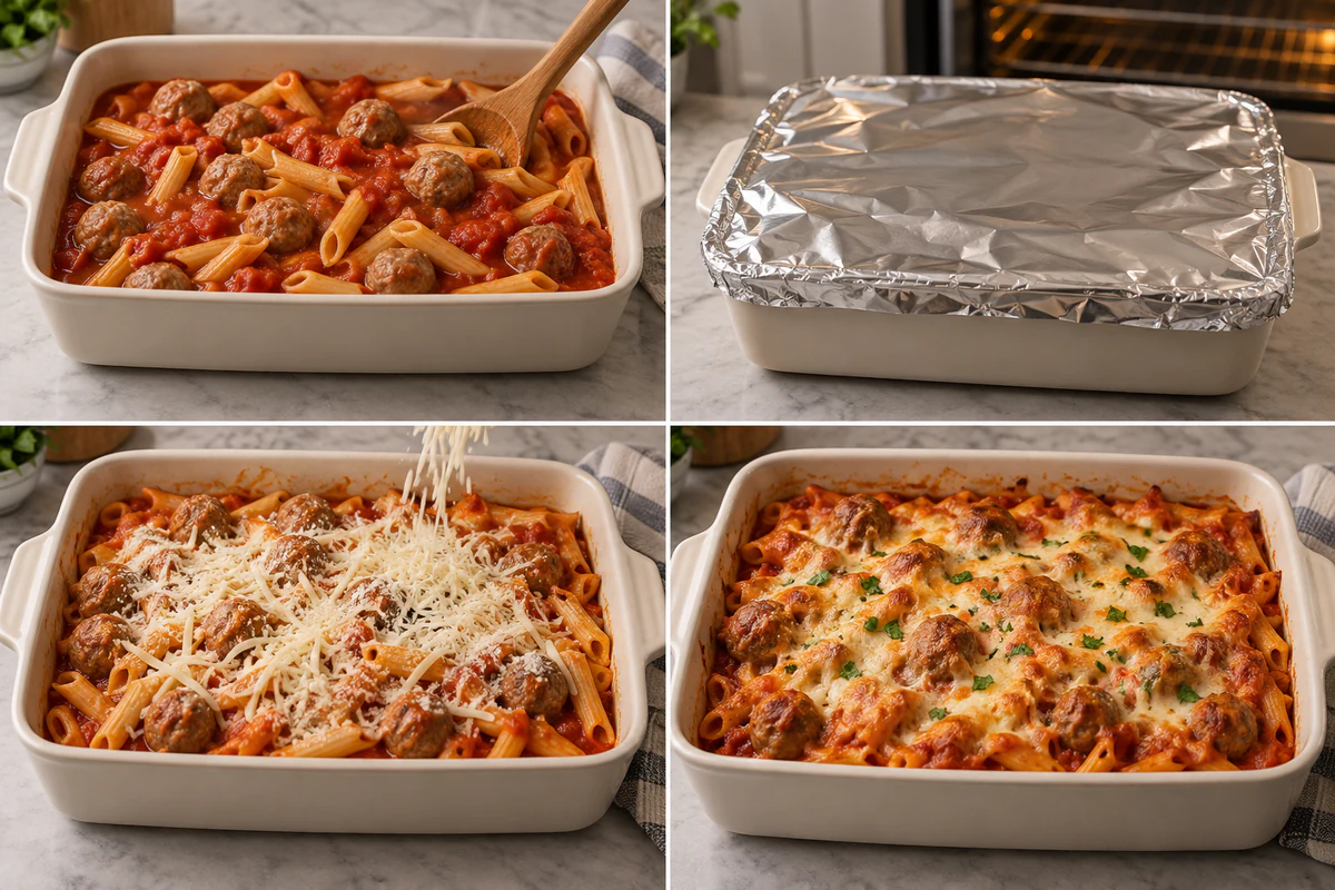 Four stages showing the uncooked casserole, foil cover, cheese topping, and finished bake