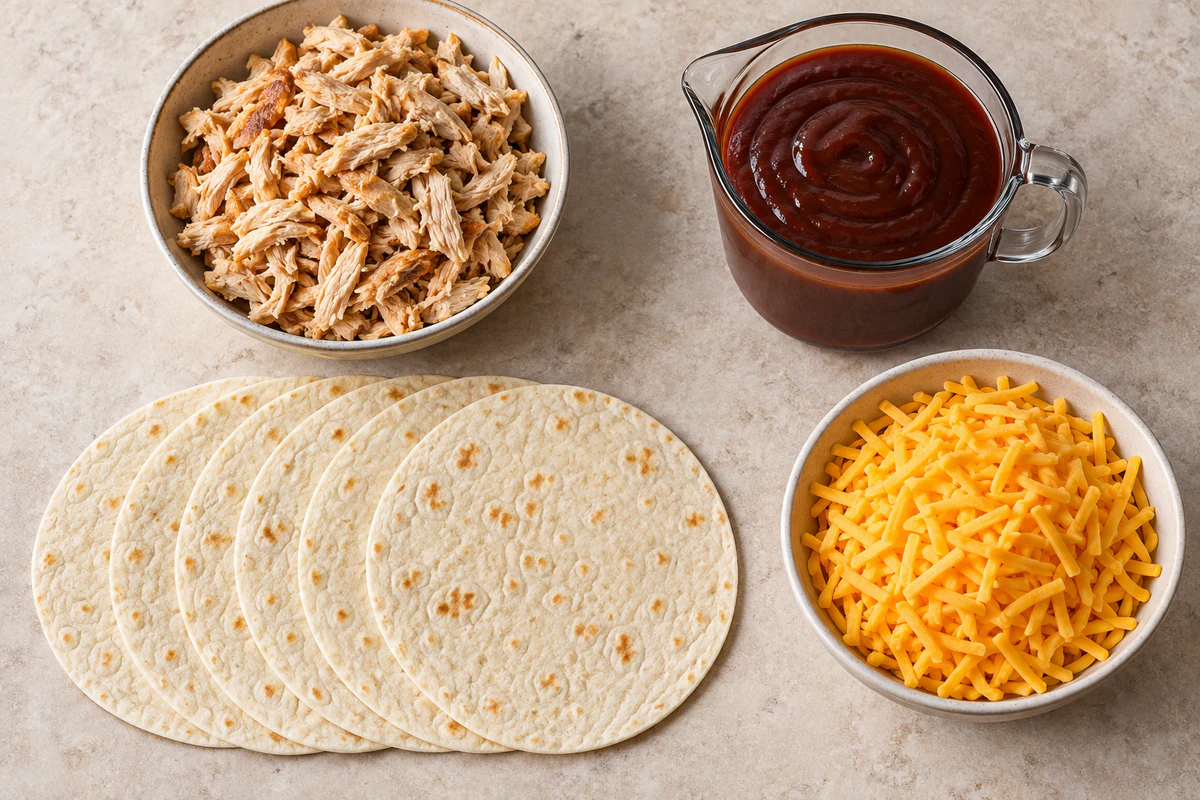 Shredded chicken, barbecue sauce, six flour tortillas, and shredded cheddar