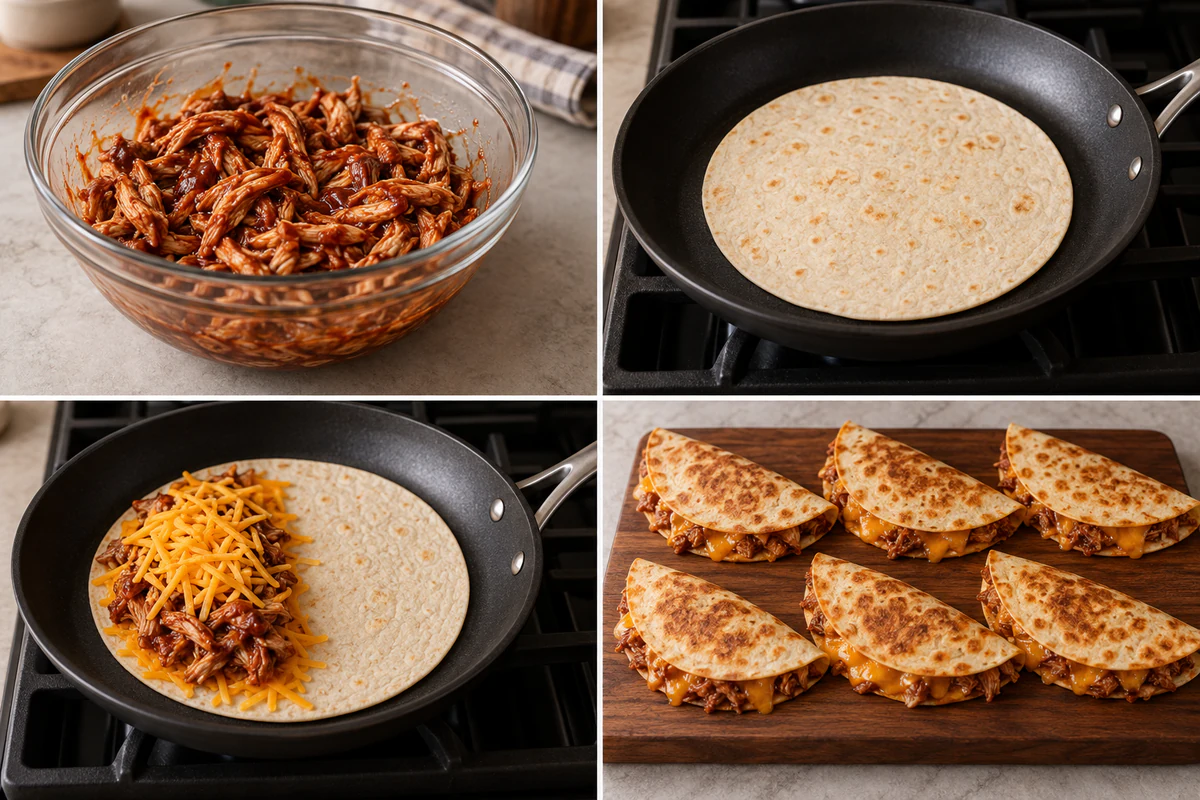 Four stages showing barbecue chicken mixing, tortilla warming, cheese and chicken layering, and six finished quesadillas