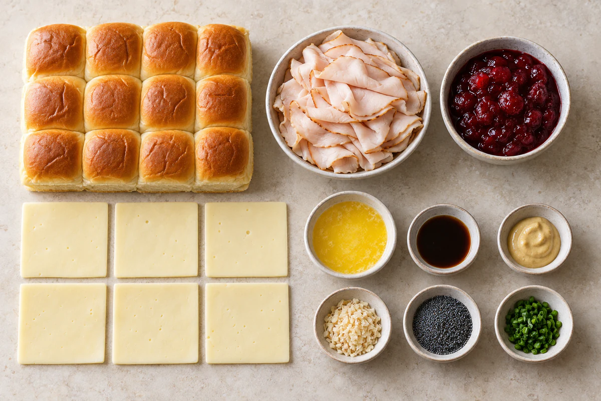 Twelve Hawaiian rolls, deli turkey, cranberry sauce, six cheese slices, and seasoned-butter ingredients