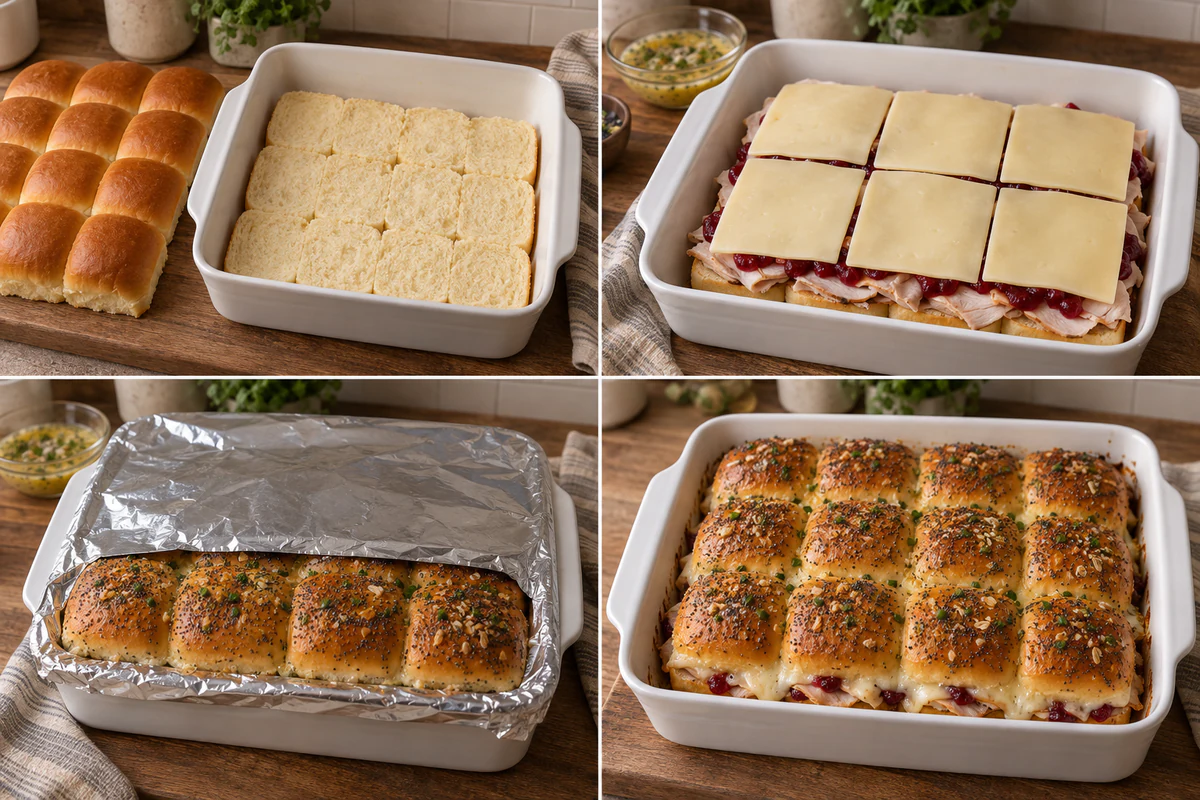 Four stages showing split rolls, turkey cranberry and cheese layers, covered seasoned buns, and twelve golden sliders