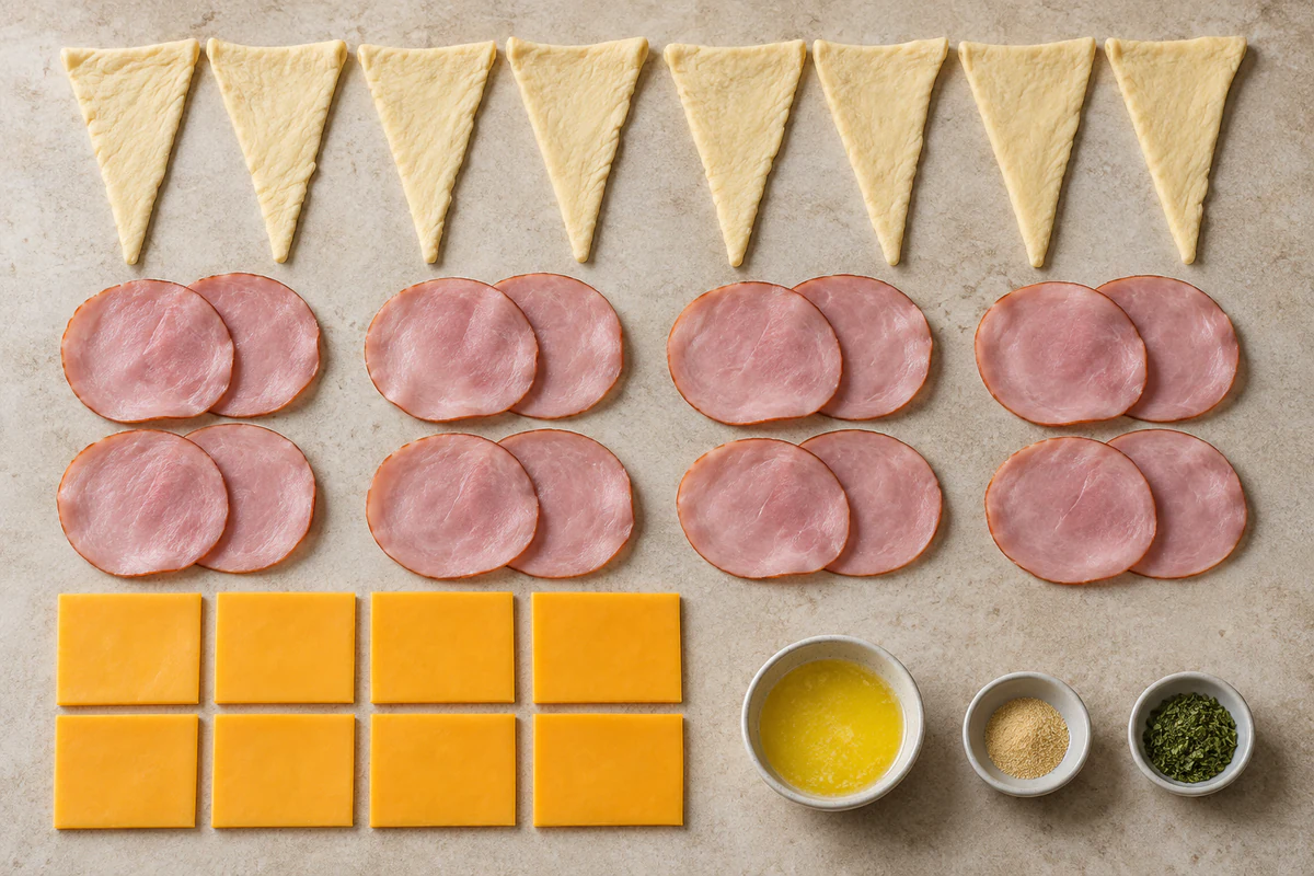 Eight crescent dough triangles, sixteen ham slices, eight cheddar slices, butter, garlic powder, and parsley