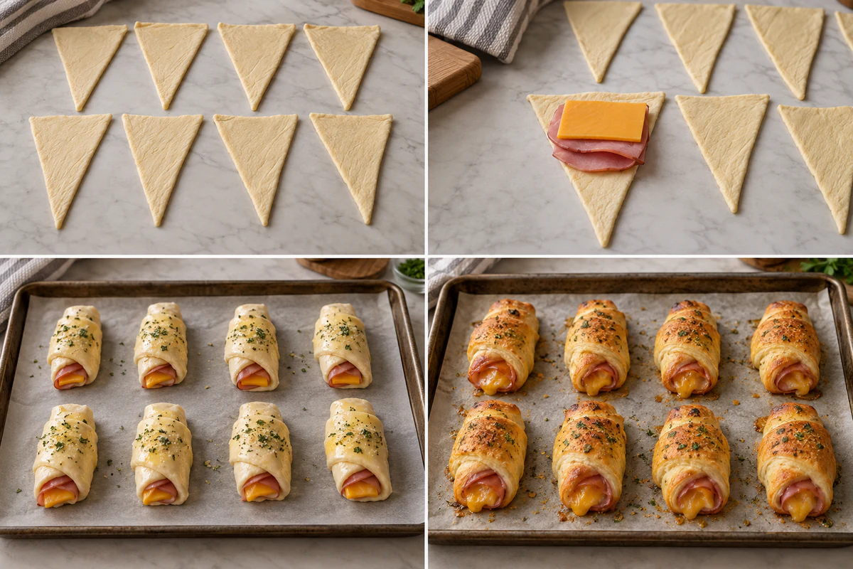 Four stages showing eight dough triangles, ham and cheese filling, eight brushed rolls, and eight golden roll-ups